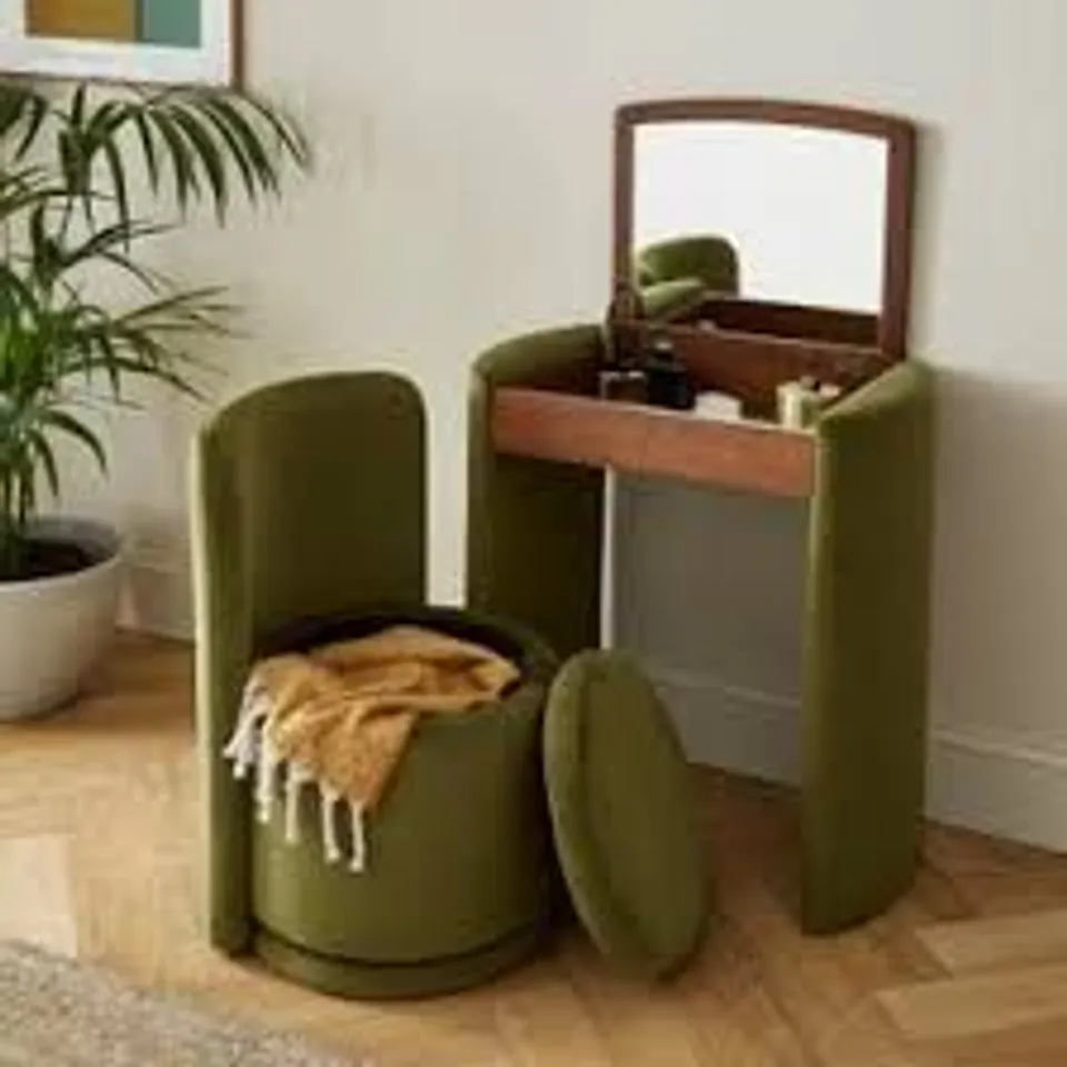 BOXED FRANKIE VELVET COMPACT DRESSING TABLE SET WITH MIRROR AND STOOL - OLIVE (1 BOX)