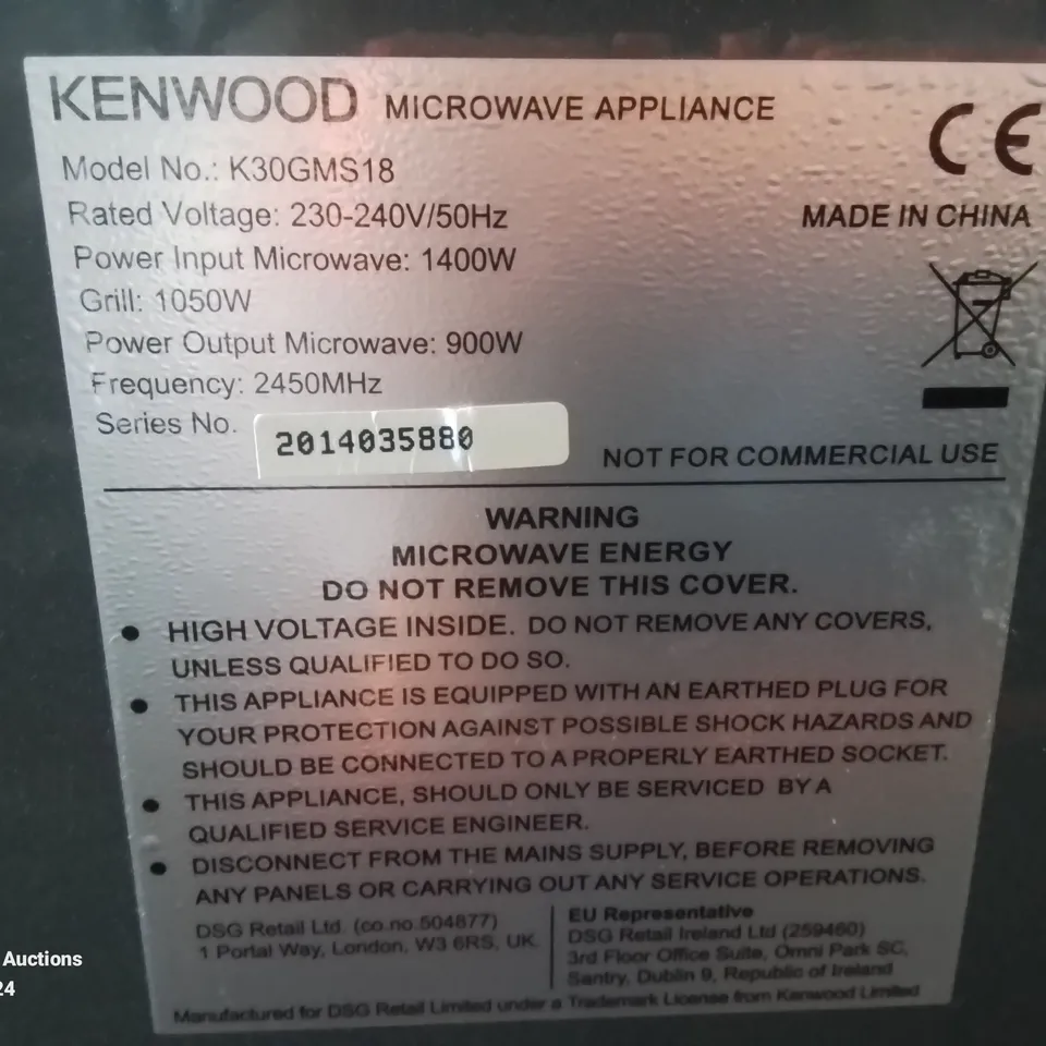 KENWOOD 1400W MICROWAVE AND GRILL OVEN (POWERS ON)