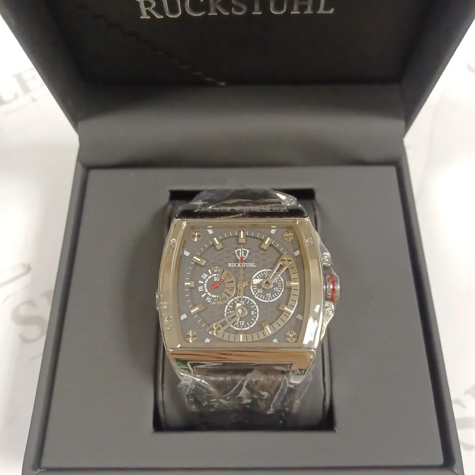 RUCKSTUHL TRIPLE DIAL BLACK LEATHER STRAP WRISTWATCH 