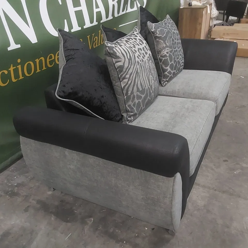 DESIGNER GREY AND BLACK FABRIC THREE SEATER SOFA WITH SCATTER BACK CUSHIONS 