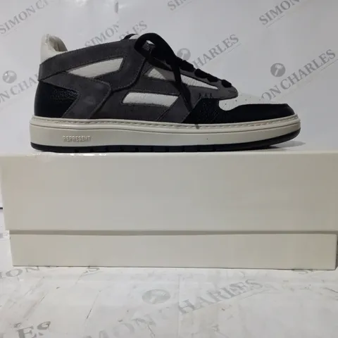 BOXED PAIR OF REPRESENT SHOES IN GREY/BLACK/WHITE UK SIZE 9.5
