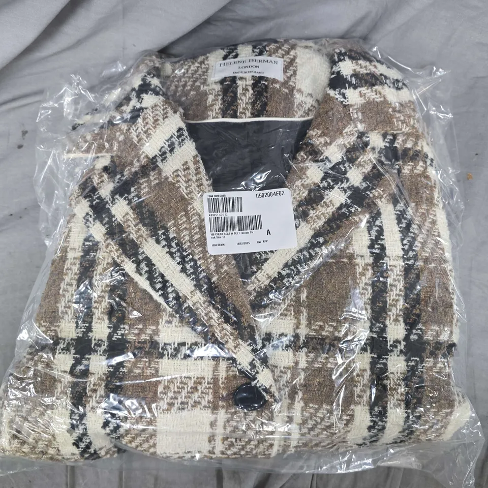 BAGGED HELENE BERMAN LONDON CHECK COAT WITH BELT IN BROWN CHECK - SIZE 12