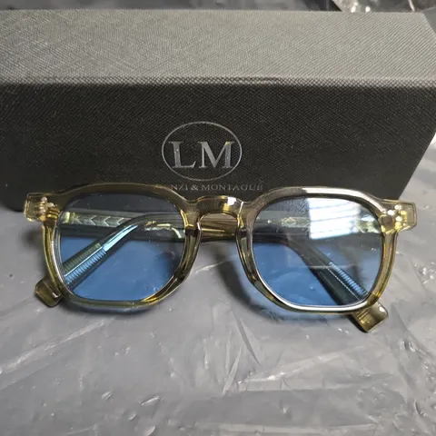 LORENZI AND MONTAGUE SUNGLASSES WITH TORTOISESHELL FRAME AND BLUE LENSES – BOXED