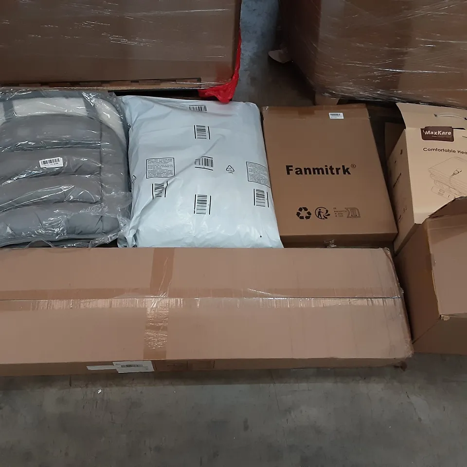 PALLET OF ASSORTED PRODUCTS INCLUDING MAXKARE COMFORTABLE HEATED BLANKET, FANMITRK TOILET SEAT, BEACH UMBRELLA, LOMAO