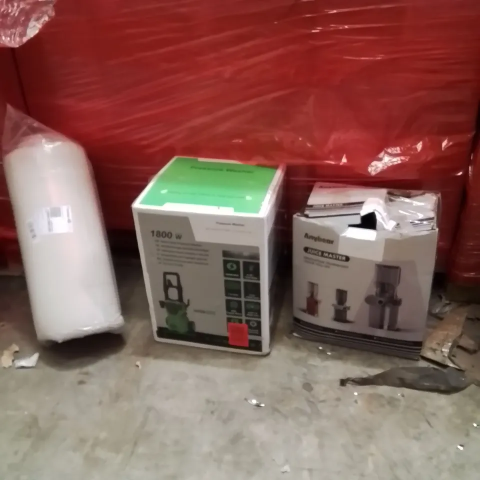 PALLET OF ASSORTED HOUSEHOLD GOODS AND PRODUCTS TO INCLUDE;PRESSURE WASHER,JUICER,AREA RUG