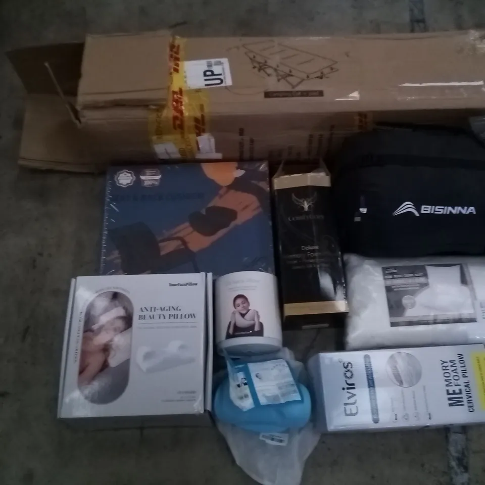 PALLET OF ASSORTED ITEMS INCLUDING CAMPING COT, SEAT & BACK CUSHION, ANTI-AGING BEAUTY PILLOW, ELVIROS MEMORY FOAM CERVICAL PILLOW, GO NECK PILLOW, DELUXE MEMORY FOAM PILLOW, UTOPIA PILLOW INSERTS