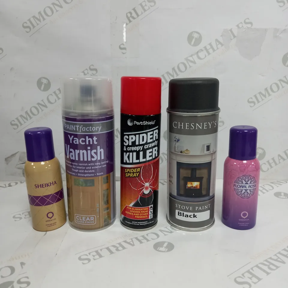 BOX OF APPROX 15 ASSORTED LIQUIDS TO INCLUDE - YACHT VARNISH, BLACK SPRAY PAINT, SPIDER SPRAY ETC