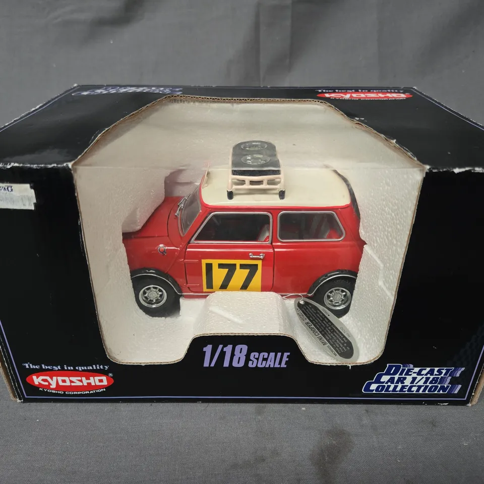 BOXED KYOSHO COLLECTIBLE 1/18 SCALE DIE-CAST MORRIS MINI COOPER 1275S '67 RALLY MODEL