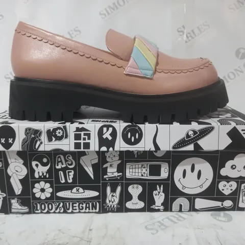 BRAND NEW BOXED PAIR OF KOI VEGAN LEATHER FIELD OF FLUFFS LOAFERS IN PINK UK SIZE 7