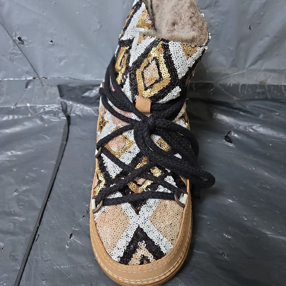 UNBOXED PAIR OF INUIKII PATTERNED SEQUIN BOOTS IN MULTI - SIZE 38