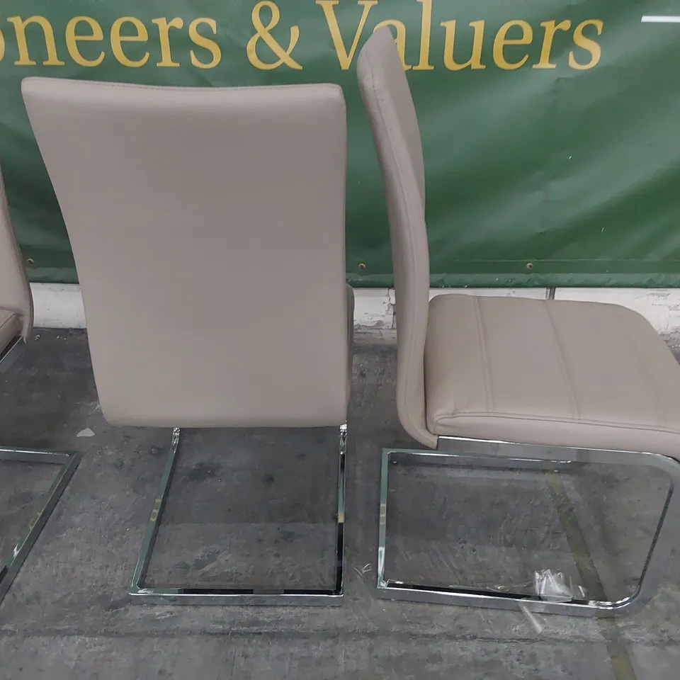SET OF THREE UPHOLSTERED DINING CHAIRS BEIGE PU ON CHROME FRAMES 