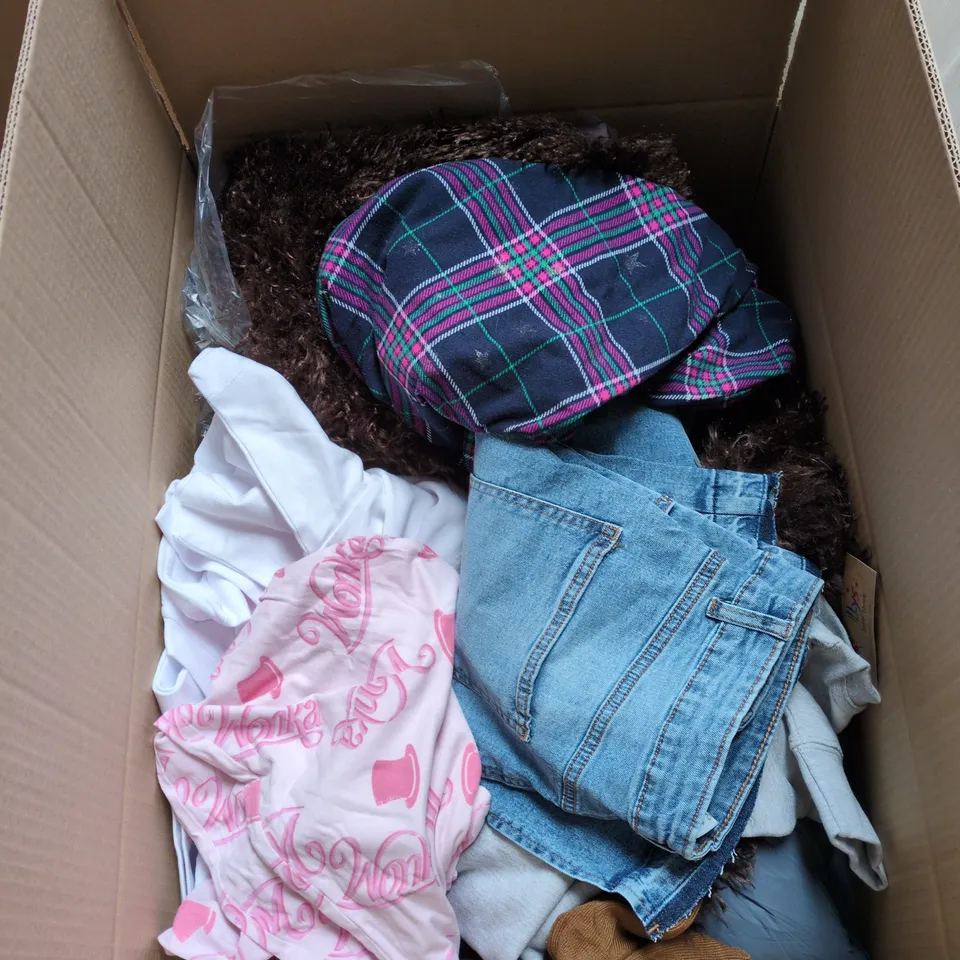 BOX OF APPROXIMATELY 15 ASSORTED CLOTHING ITEMS TO INCLUDE FAT WILLYS JUMPER, WONKA PYJAMA BOTTOMS, JEAN SKIRT ETC