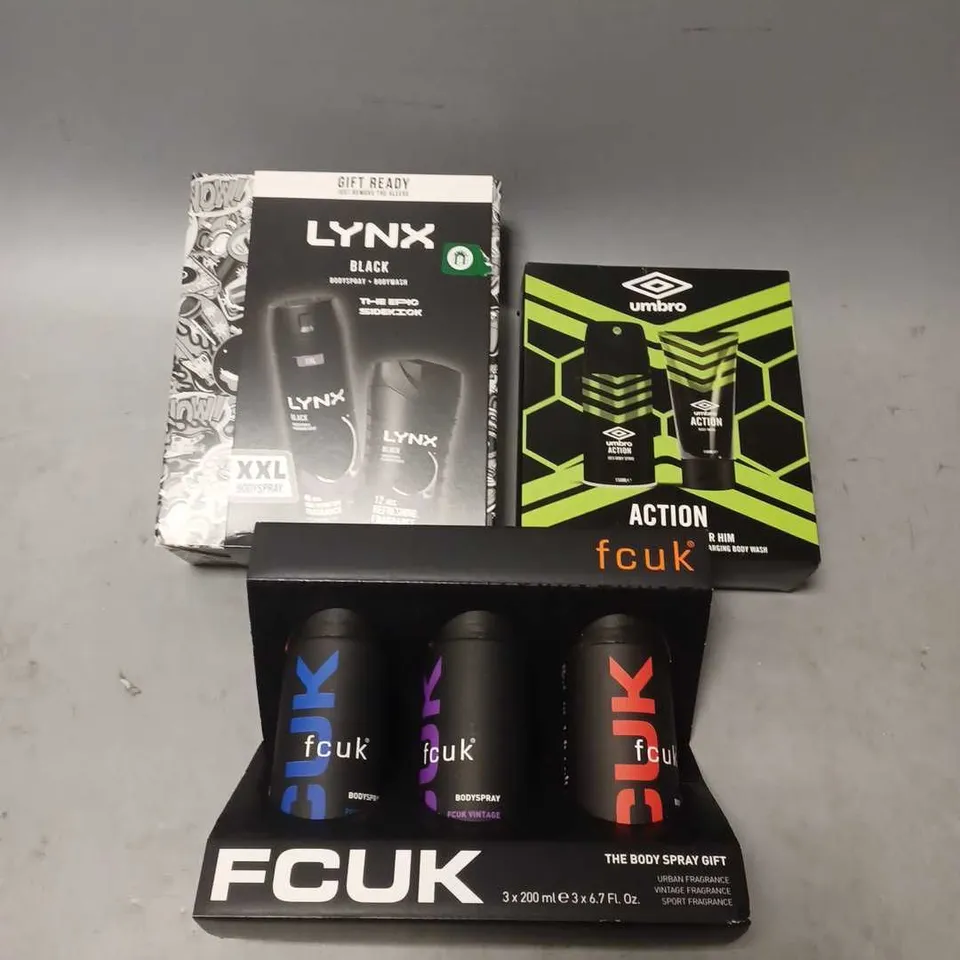 LOT OF 3 ASSORTED COSMETIC BOXSETS TO INCLUDE - UMBRO TOILETRY DUO - FCUK FRAGRANCE COLLECTION - LYNX BLACK BODY DUO