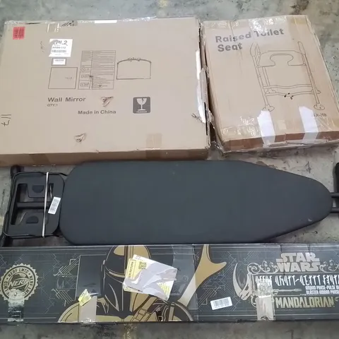 PALLET CONTAINING ASSORTED PRODUCTS INCLUDING WALL MIRROR, RAISED TOILET SEAT, IRONING BOARD & NERF STAR WARS  MANDALORIAN BLASTER