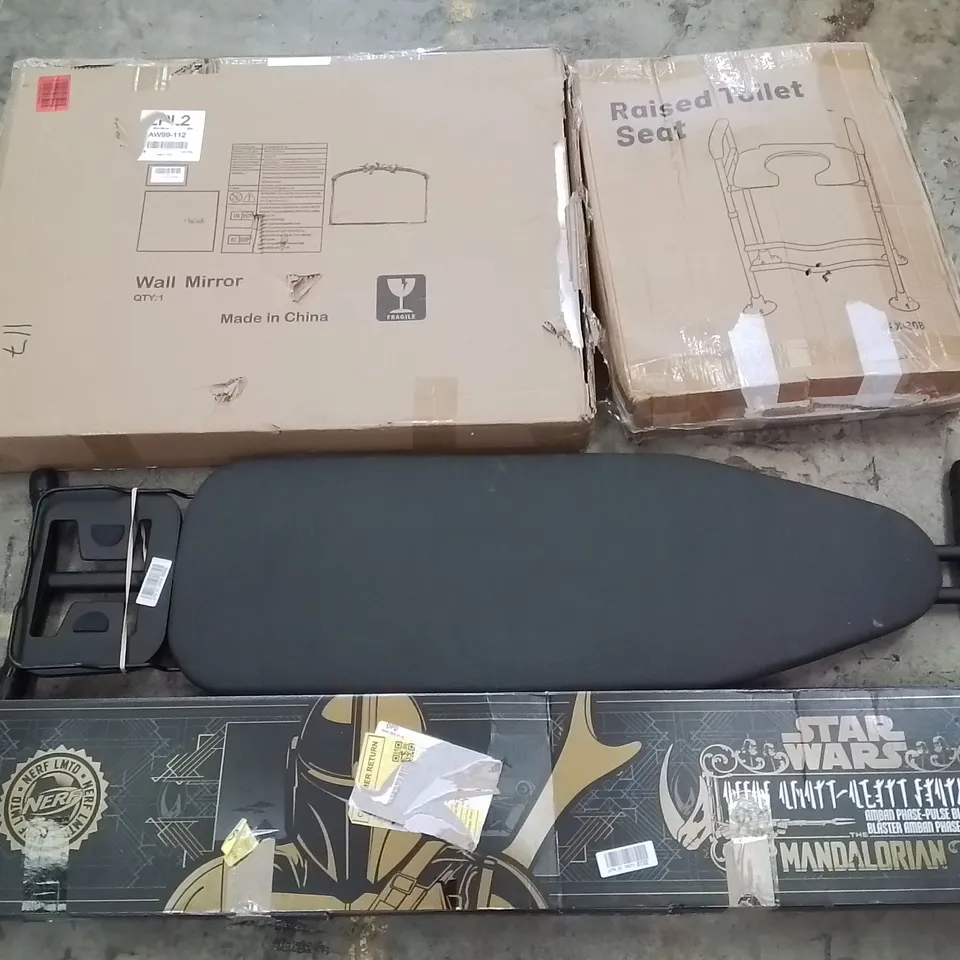 PALLET CONTAINING ASSORTED PRODUCTS INCLUDING WALL MIRROR, RAISED TOILET SEAT, IRONING BOARD & NERF STAR WARS  MANDALORIAN BLASTER