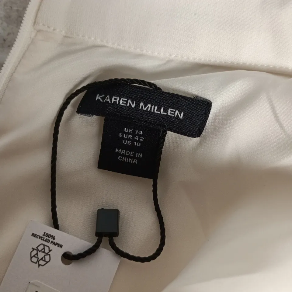 KAREN MILLEN COMPACT STRETCH BOW TIE NECK FULL SKIRTED MIDI DRESS IN IVORY - SIZE 14