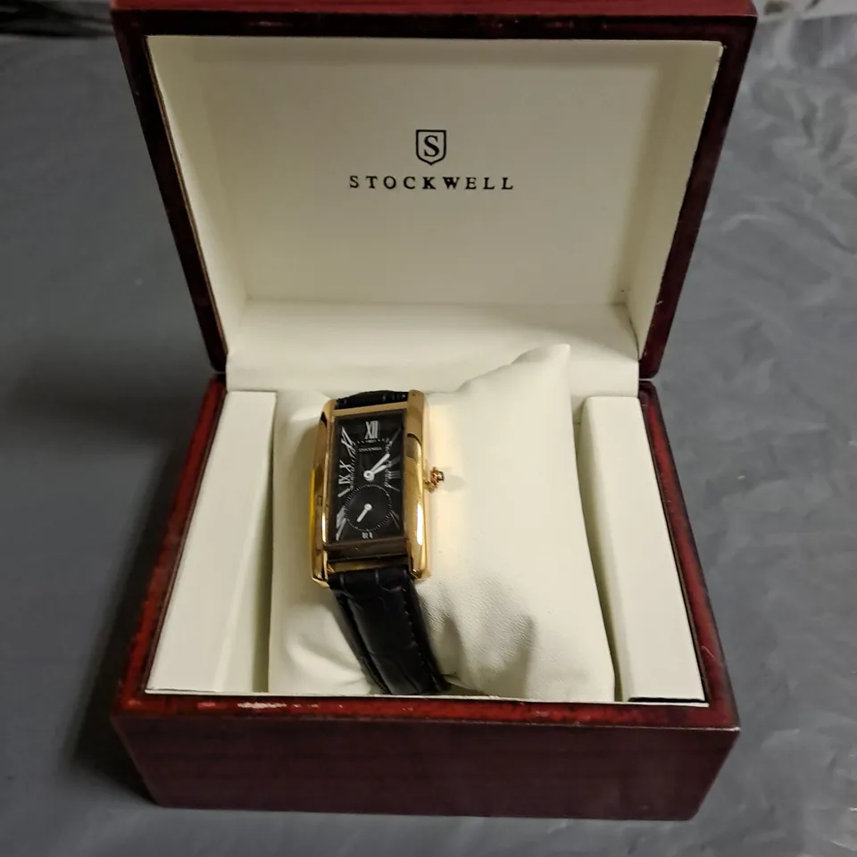 STOCKWELL RECTANGULAR BLACK DIAL LADIES WATCH WITH BLACK LEATHER STRAP