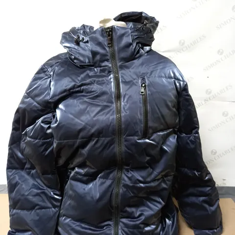 NUAGE LIQUID SHINE 3/4 COAT WITH SIDE ZIPPERS & HOOD BLUE LARGE