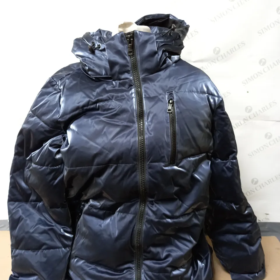 NUAGE LIQUID SHINE 3/4 COAT WITH SIDE ZIPPERS & HOOD BLUE LARGE