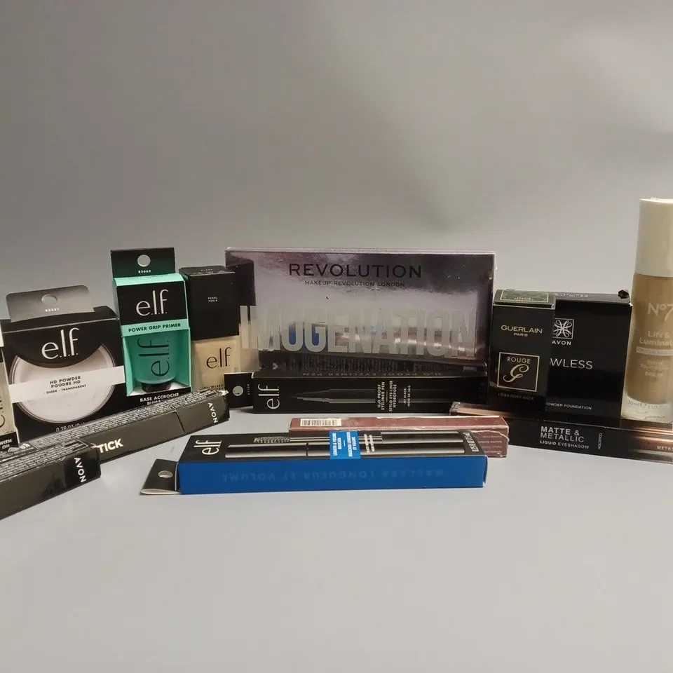 APPROXIMATELY 16 MAKEUP ITEMS TO INCLUDE REVOLUTION IMOGENATION EYE SHADOW PALLET, N07 LIFT & LUMINATE TRIPLE ACTION SERUM FOUNDATION (30ml), ELF LENGTH & VOLUME MASCARA (7.5ml), ETC