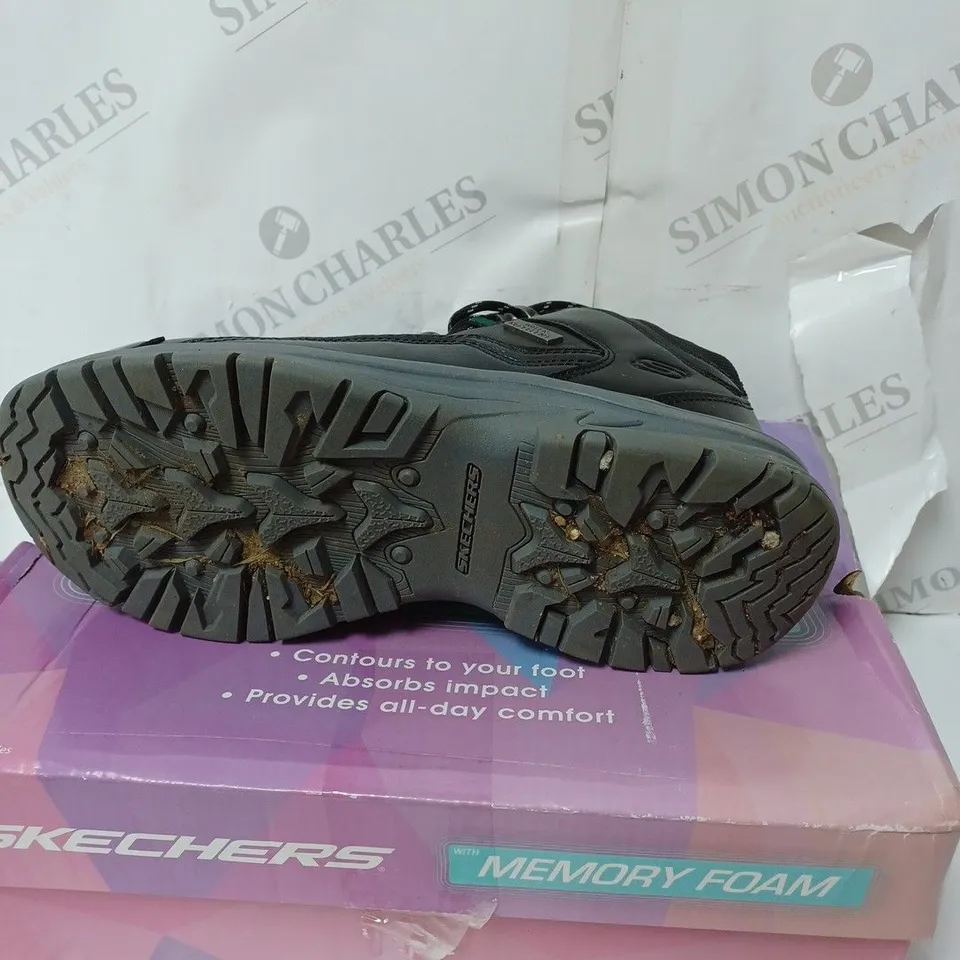 BOXED SKECHERS HIGH TOP LACE UP HIKER BOOTS, BLACK - SIZE 6.5