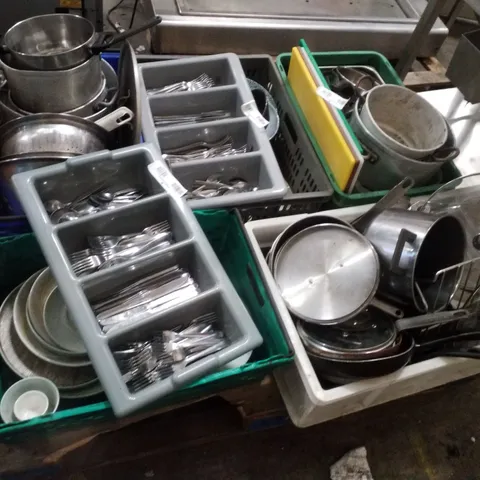 PALLET CONTAINING ASSORTED POTS, PANS, CHOPPING BOARDS, PLATES & CUTLERY SETS