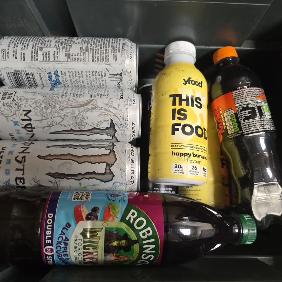 APPROXIMATELY 12 ASSORTED DRINKS TO INCLUDE MONSTER ENERGY ULTRA, PEPSI MAX TROPICAL, YFOOD HAPPY BANANA, ETC - COLLECTION ONLY