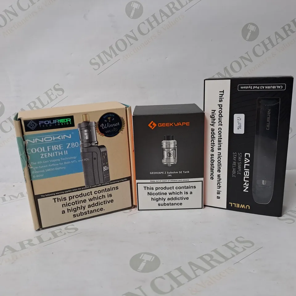 APPROXIMATELY 10 ASSORTED E-CIGARETTE PRODUCTS TO INCLUDE INNOKIN COOLFIRE Z80 ZENITH II, GEEKVAPE Z SUB-OHM SE THANK, UWELL CALIBURN A3 POD SYSTEM