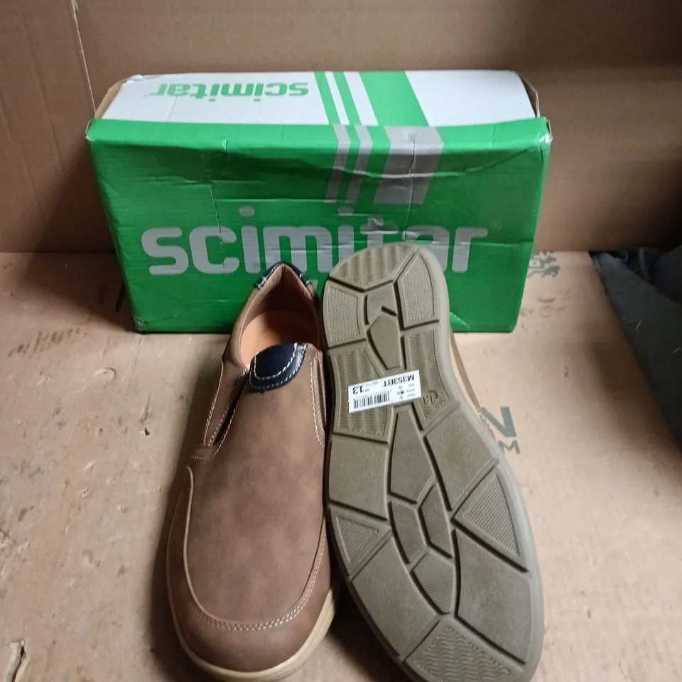 SCIMITAR MEN'S BROWN SLIP-ON SHOES – LEATHER/SUEDE, BOXED - SIZE UK 13 
