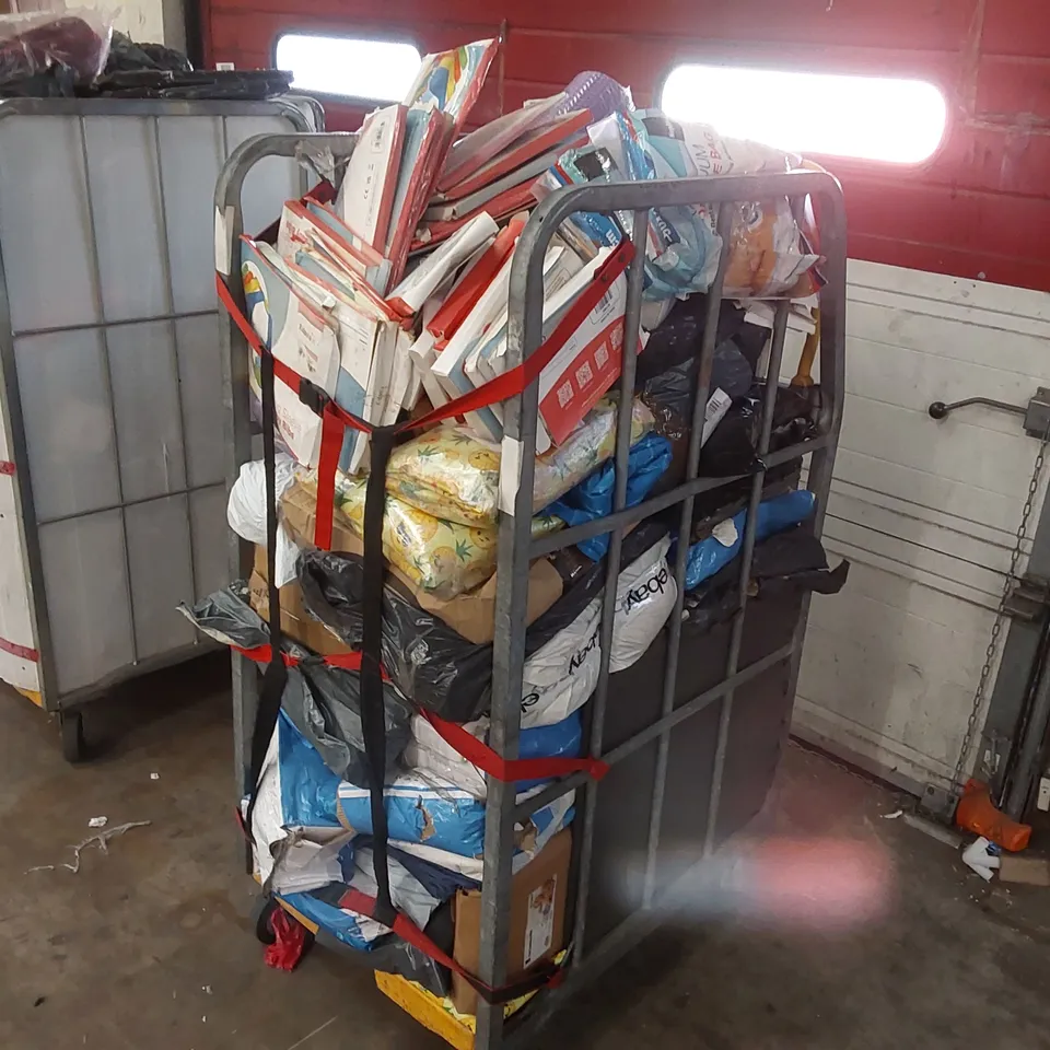 CAGE OF ASSORTED CONSUMER PRODUCTS INCLUDING: BABY BIBS, PET COOLING MATS, FOAM ROLLER ECT // CAGE NOT INCLUDED 