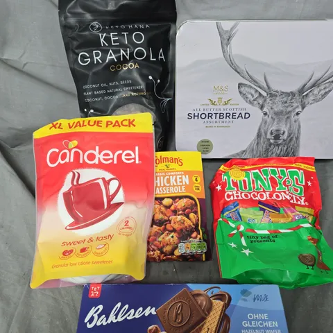 APPROXIMATELY 12 ASSORTED FOOD/DRINK PRODUCTS TO INCLUDE KETO GRANOLA, TONY'S CHOCOLATE, M&S SHORTBREAD ETC