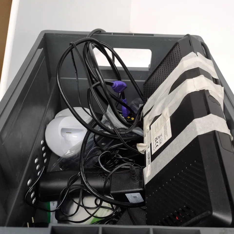 TOTE OF APPROXIMATELY 15 ASSORTED ITEMS TO INCLUDE TV BOX MINI, ROUTER, POWER SUPPLY, CABLES, REMOTE CONTROLS ETC