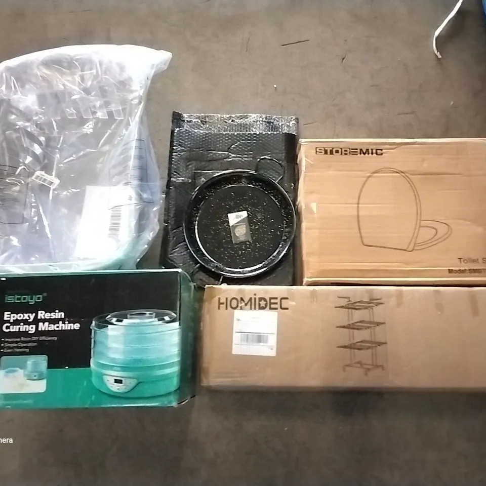 PALLET OF ASSORTED ITEMS INCLUDING HOMIDEC DRYING RACK, STOREMIC TOILET SEAT, ENAMELED PAELLA PAN, LAUNDRY BASKET, ISTOYO EPOXY RESIN CURING MACHINE