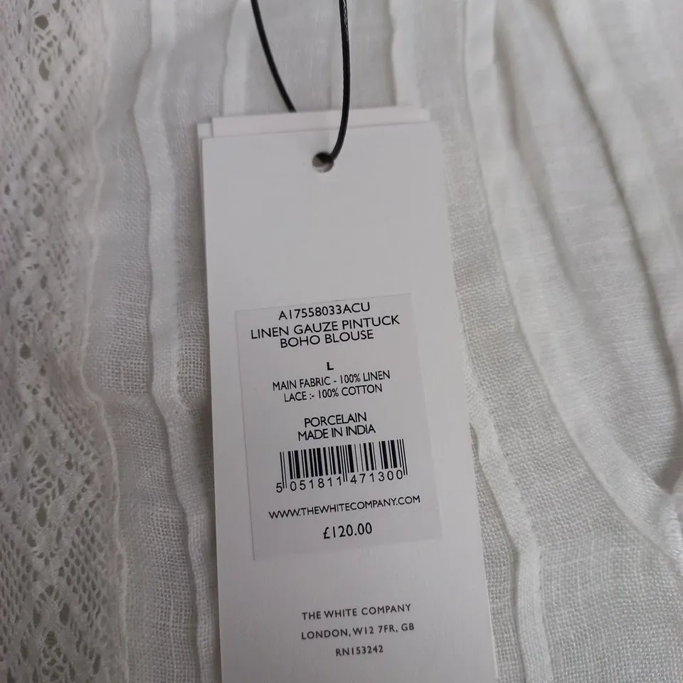 THE WHITE COMPANY LINEN GAUZE PINTUCK BOHO BLOUSE – WHITE, UK SIZE L