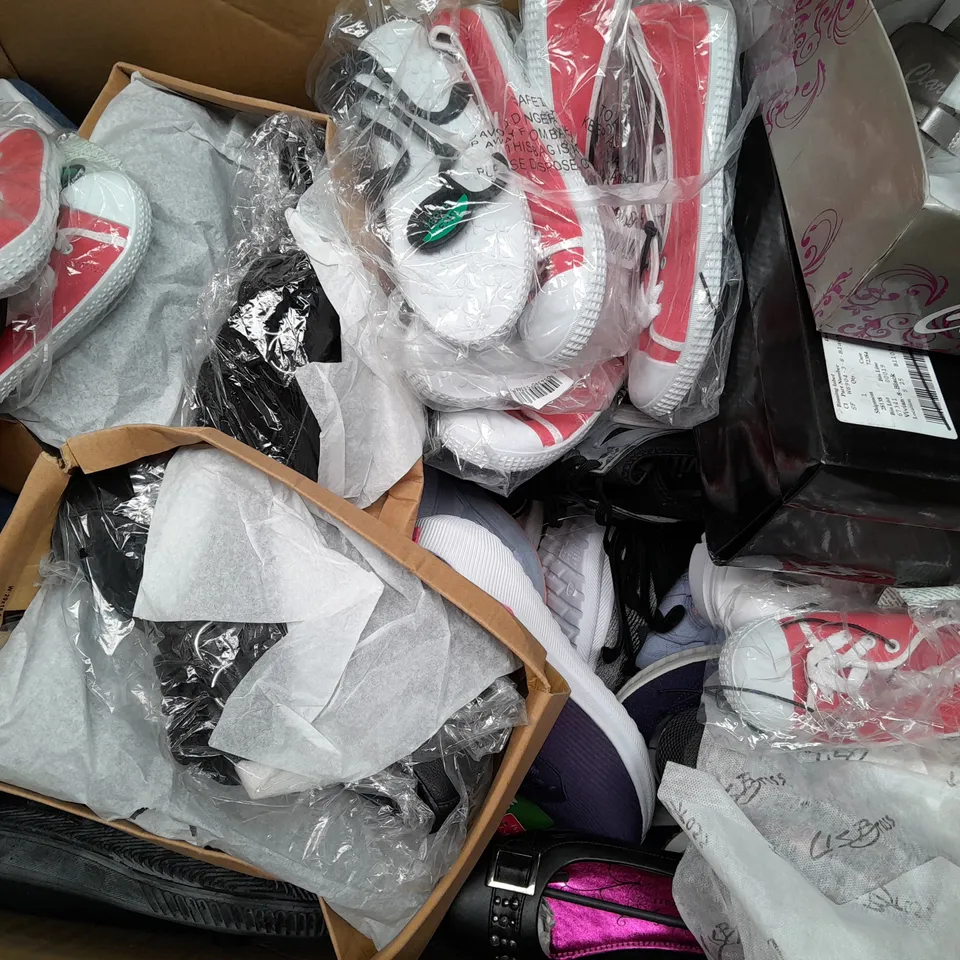 BOX OF APPROX 30 ASSORTED SHOES IN VARIOUS SIZES & COLOURS 