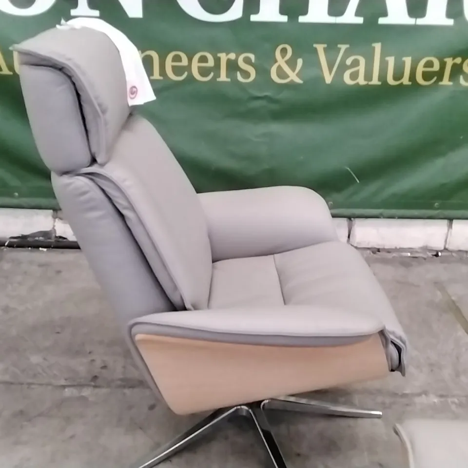 QUALITY BRITISH DESIGNER G PLAN MANUFACTURED MANUAL RECLINER CHAIR AND FOOTSTOOL - CAMBRIDGE GREY LEATHER 
