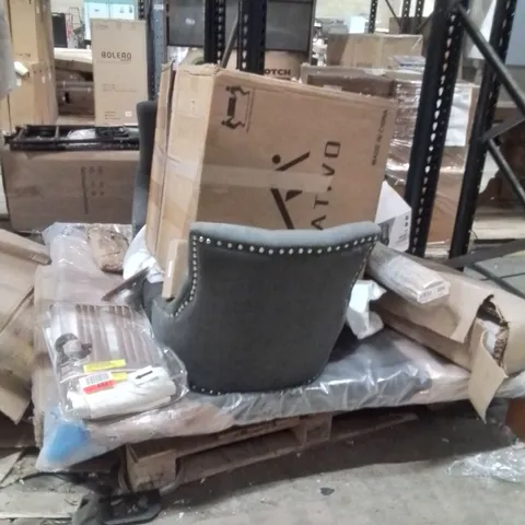 PALLET OF ASSORTED HOUSEHOLD GOODS AND PRODUCTS TO INCLUDE;AREA RUG,STOOL,CURTAINS