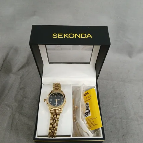 SEKONDA GIFT SET WOMENS 26MM ANALOGUE WATCH WITH YELLOW GOLD STONE SET BLACK DIAL, YELLOW GOLD STAINLESS STEEL BRACELET MATCHING PENDANT AND EARRINGS