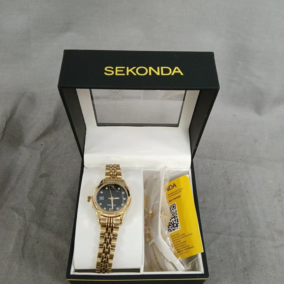 SEKONDA GIFT SET WOMENS 26MM ANALOGUE WATCH WITH YELLOW GOLD STONE SET BLACK DIAL, YELLOW GOLD STAINLESS STEEL BRACELET MATCHING PENDANT AND EARRINGS