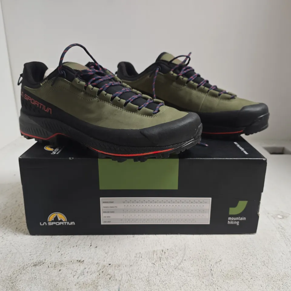 BOXED PAIR OF LA SPORTIVA HIKING SHOES IN SAGE/BLACK/RED SIZE UK 10