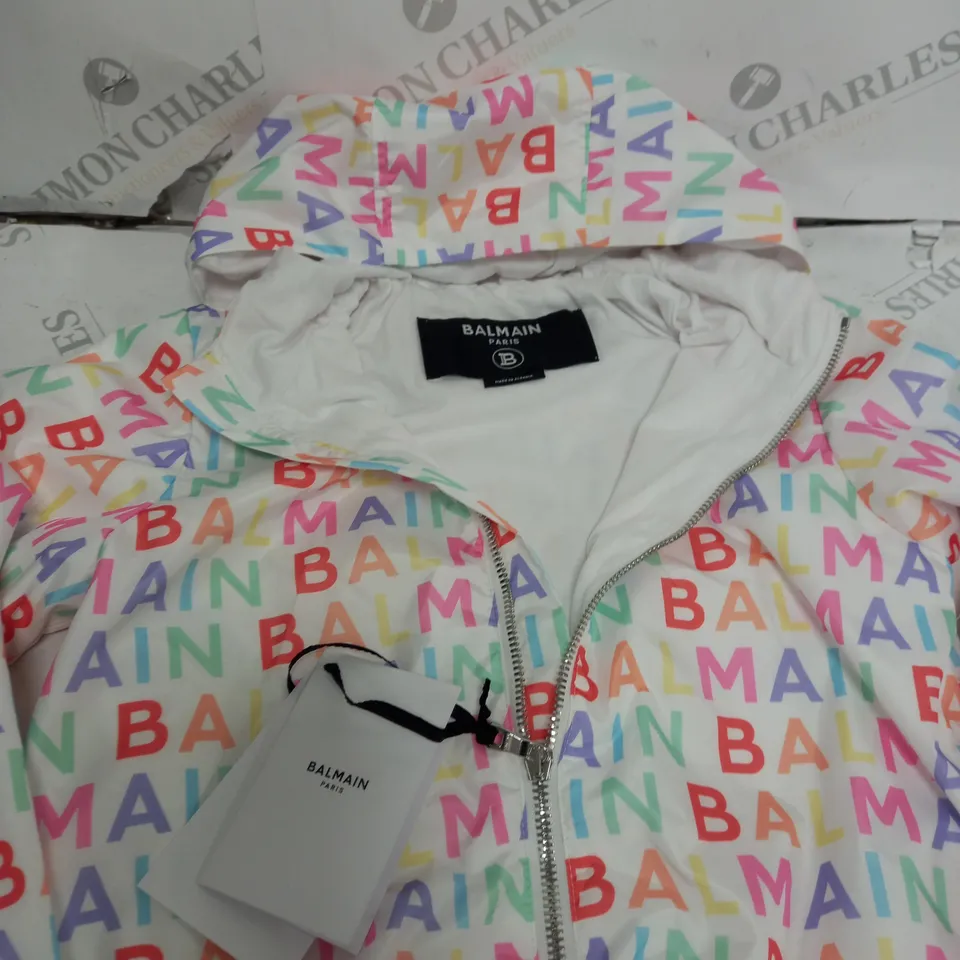 BALMAIN MULTICOLOURED LOGO PRINT JACKET - SIZE 6