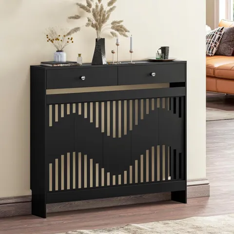 BOXED BLACK WOODEN RADIATOR SHELF PIPE COVERS CABINET WITH WAVY GRILL, 109LX19WX95HCM