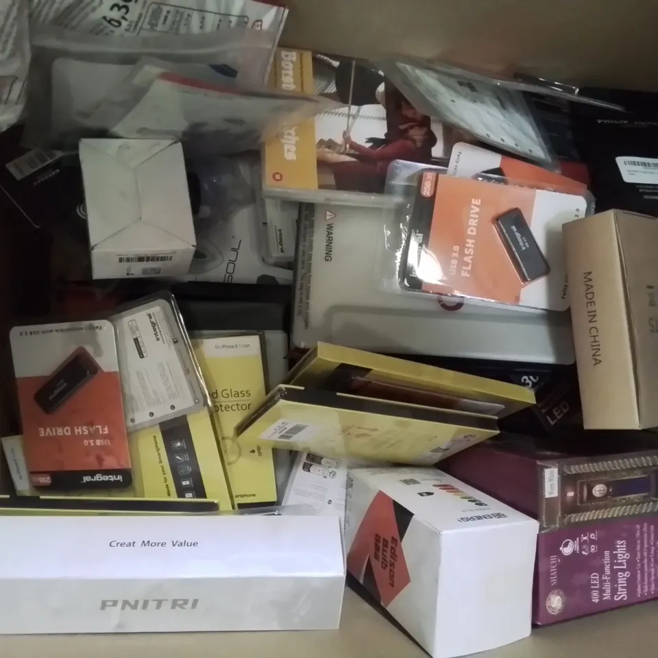 BOX CONTAINING LARGE AMOUNT OF MIXED BOXED ELECTRONIC ITEMS PHONE ACCESSORIES ETC.