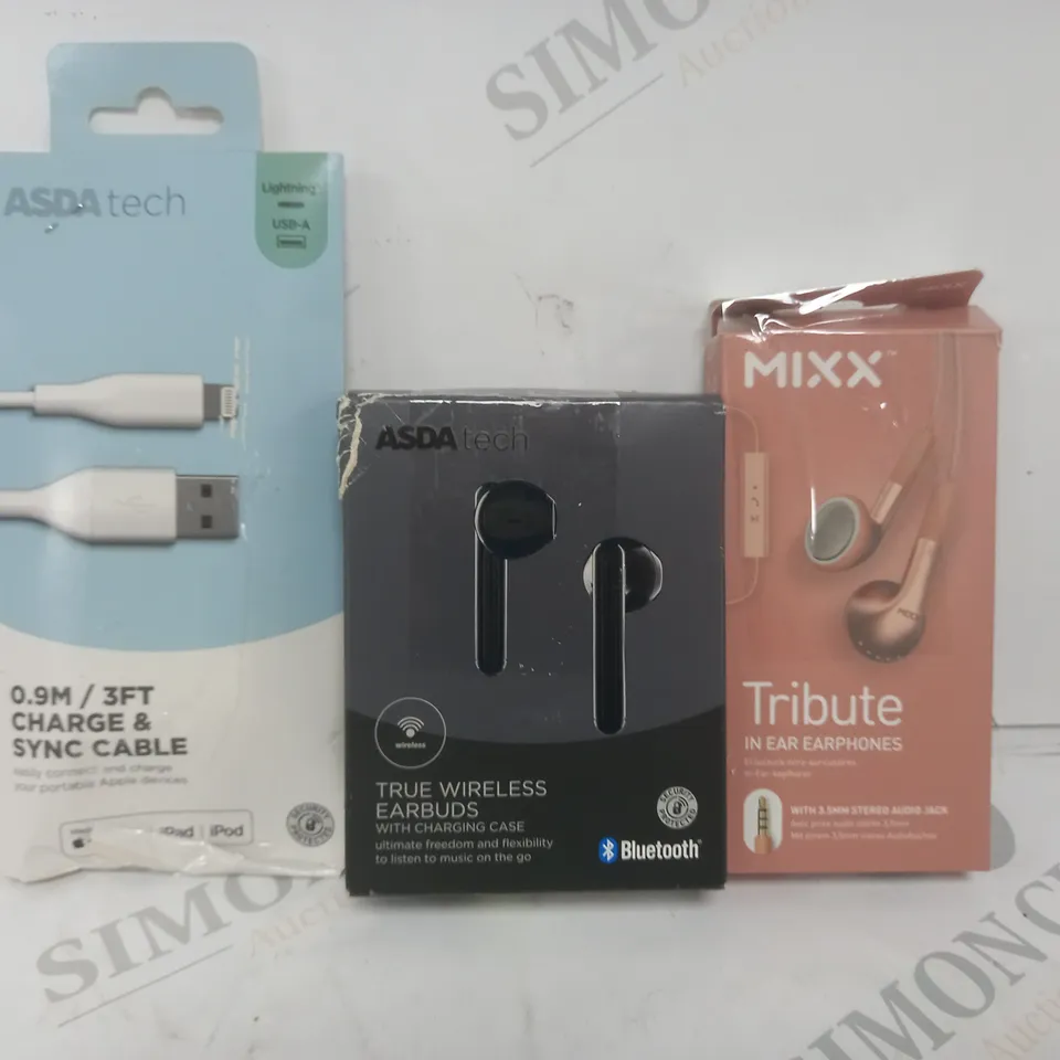 BOX OF APPROXIMATELY 30 ASSORTED ELECTRICAL ITEMS TO INCLUDE MIXX TRIBUTE EARPHONES, TRUE WIRELESS EARBUDS, CHARGE & SYNC CABLE, ETC