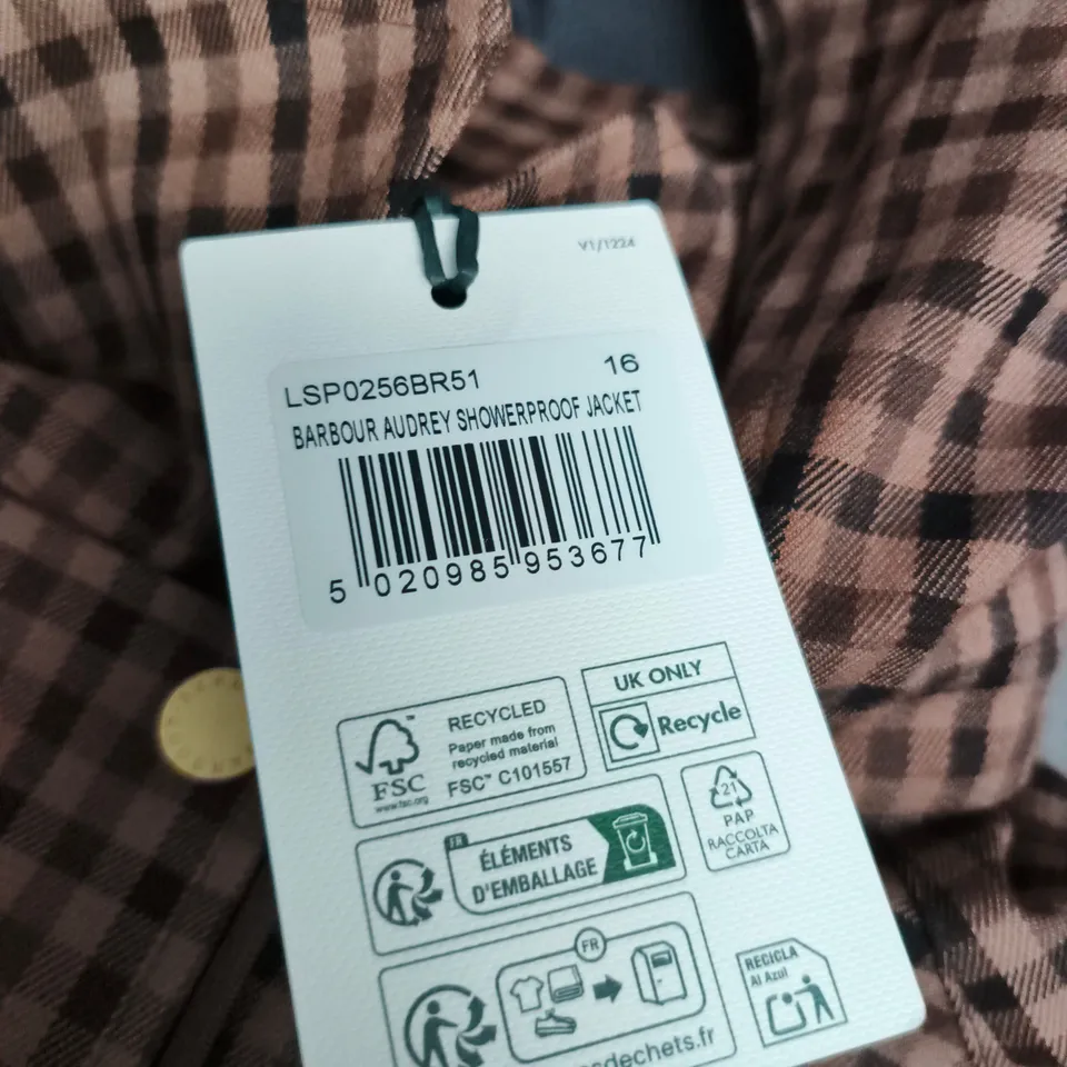 BARBOUR AUDREY SHOWERPROOF JACKET – BROWN CHECK, UK SIZE 16