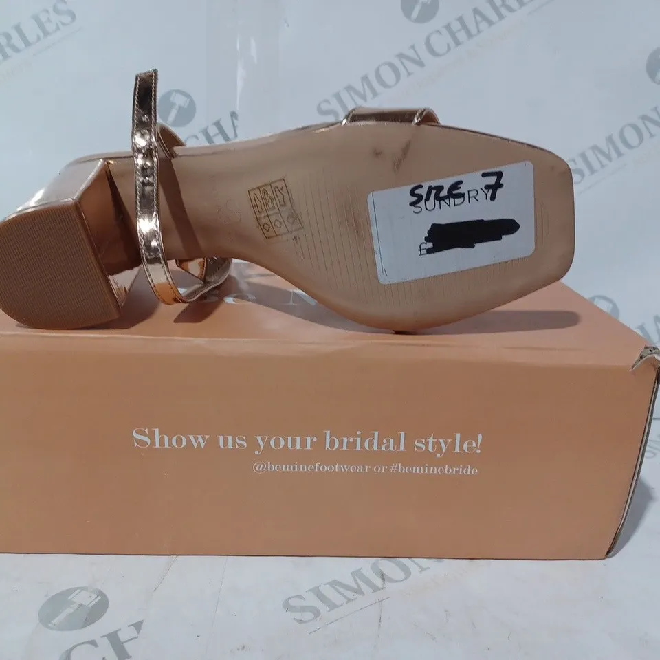 BOXED PAIR OF BE MINE BRIDAL WINK HEELED SANDALS IN METALLIC ROSE GOLD COLOUR SIZE 7