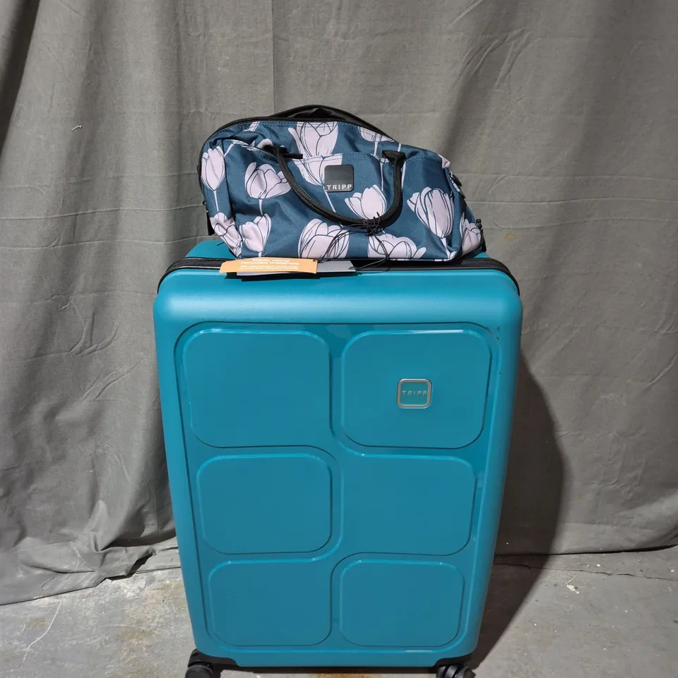 TRIPP 2 PIECE GREEN HARD-SHELL LUGGAGE SUITCASE WITH FLORAL CARRY BAG SET