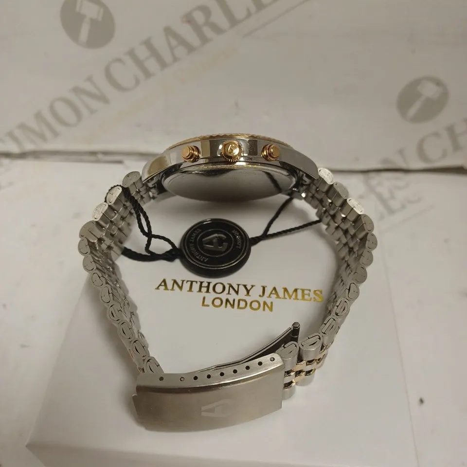 BOXED ANTHONY JAMES CHRONOGRAPH STAINLESS STEEL SPORTS WATCH - WATER RESISTANT. 