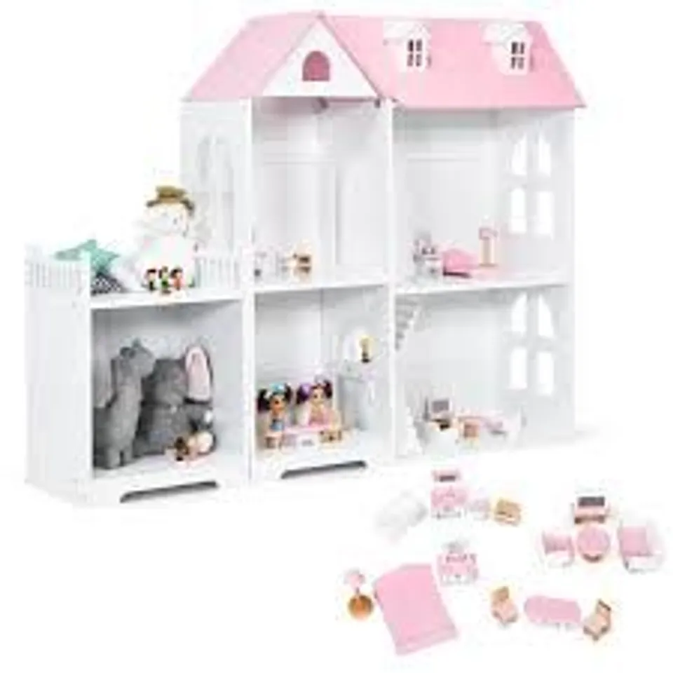 BOXED COSTWAY PINK LARGE WOODEN DOLLS HOUSE