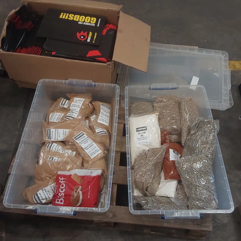 PALLET CONTAINING A LARGE QUANTITY OF ASSORTED CATERING SUPPLIES INCLUDING VARIOUS TYPES OF SEASONING AND TAKEAWAY BAGS